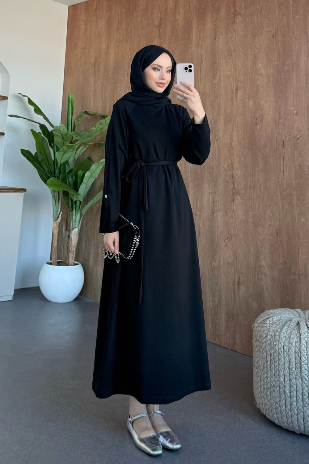 Minimal Kuşaklı Elbise Siyah