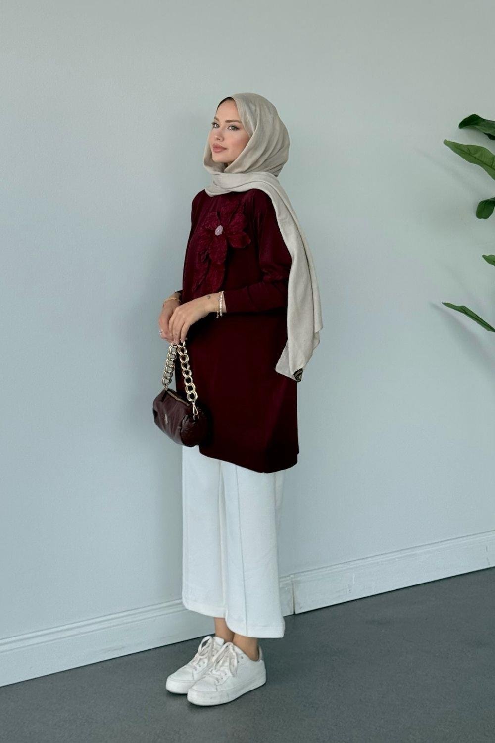 Merserize Çiçekli Tunik Bordo