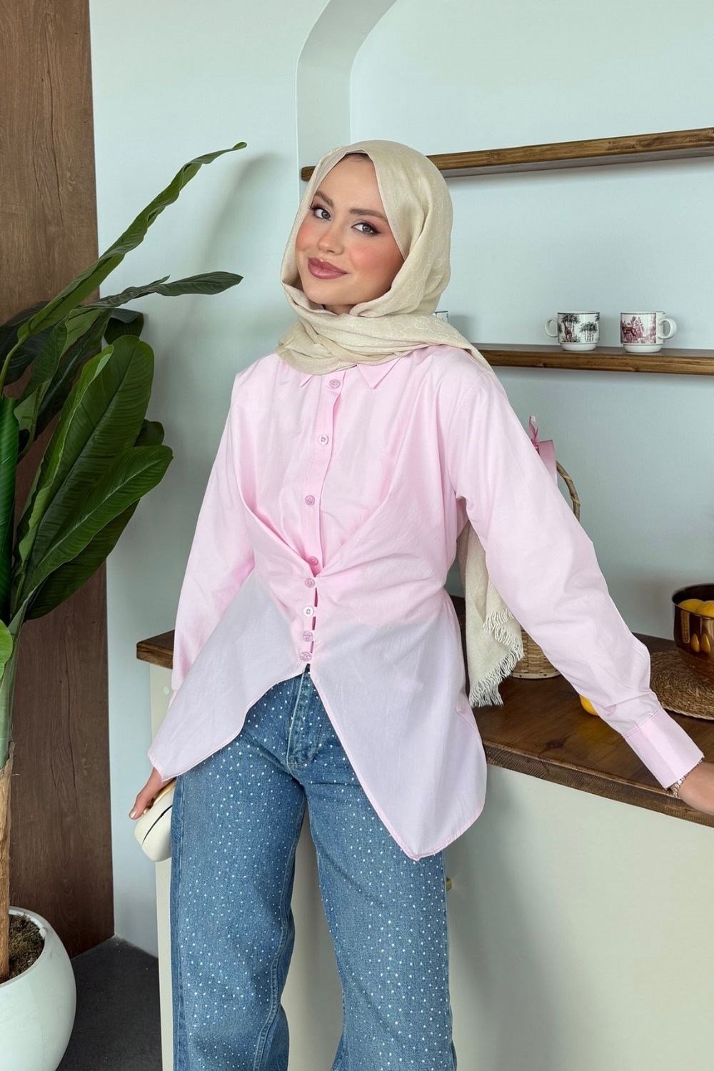Belden Oturtmalı Gömlek Pembe