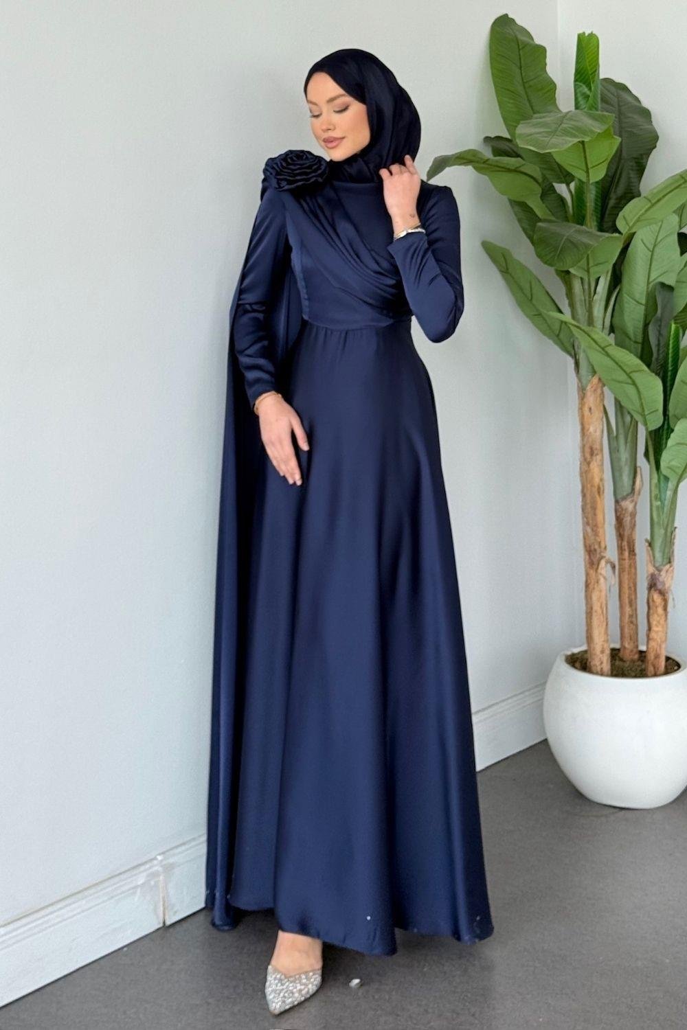 Fularlı Saten Abiye Lacivert